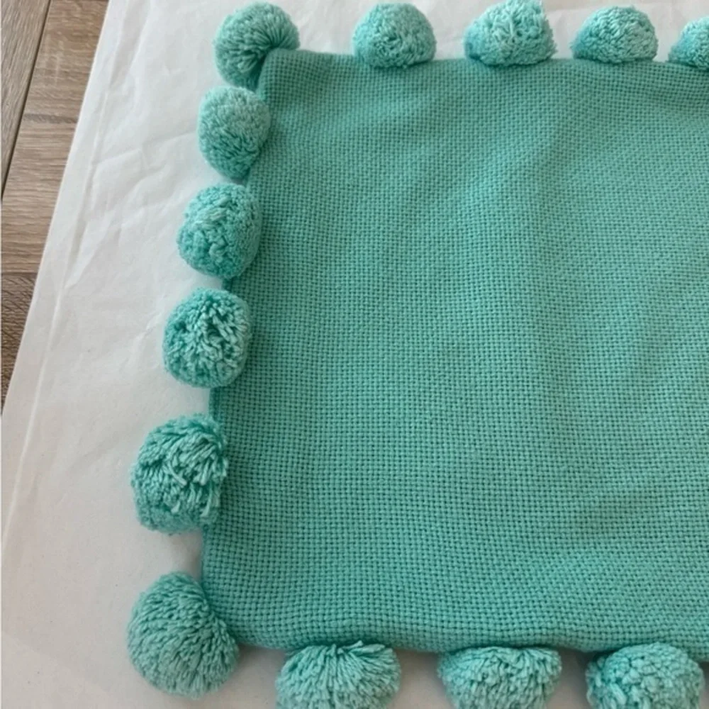 Pottery Barn Teen Pool Green Embroidered‎ P Pom Pom Organic Pillow Cover 12x 24